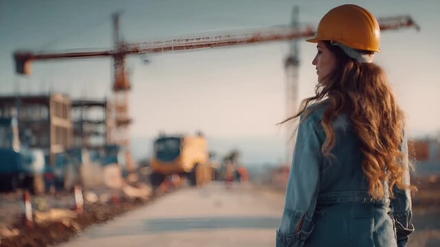 Female diversity. Human rights, equal opportunity concept. A vivid portrayal of a construction site at sunset. The main subject is a woman, facing away from the viewer.