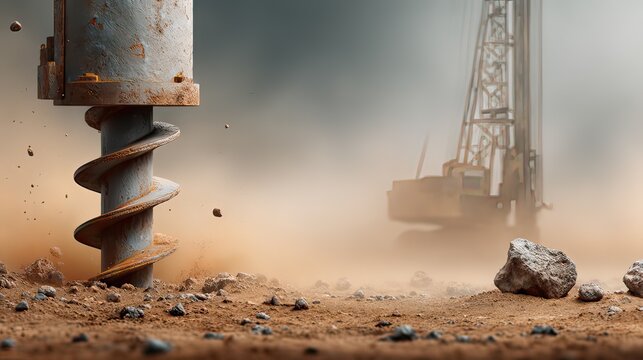 Rusty drill bit in construction site showing machinery and cloudy background creating an industrial landscape atmosphere