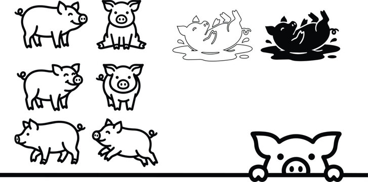 Cartoon pig line art set with playful piglets and a peek of a line