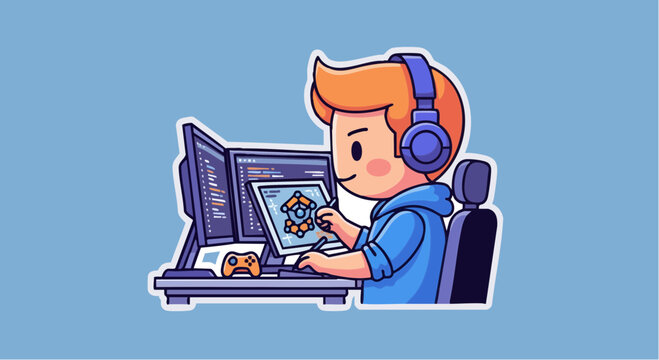 Game Developer Working on Video Game Coding and Design Illustration