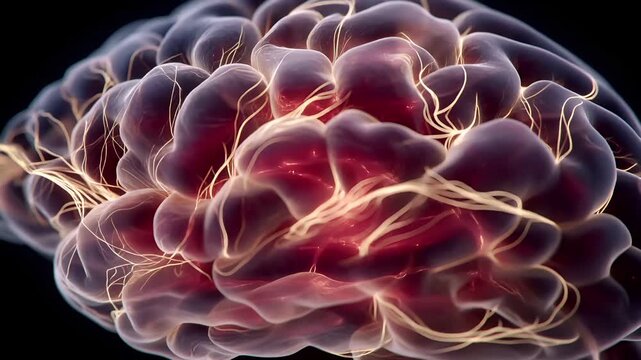 Artificial intelligence. Neuron network. A detailed, closeup view of a human brain, rendered in a realistic style. The brain is intricately detailed.
