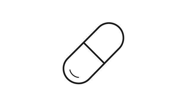A simple, black-outlined illustration of a capsule or pill against a clean white background. It's a medical-related icon