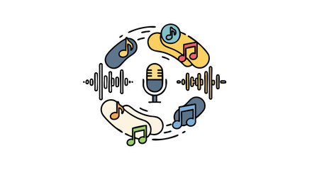 Fototapeta premium Musical Sound Elements with Microphone and Audio Waves Vector Art