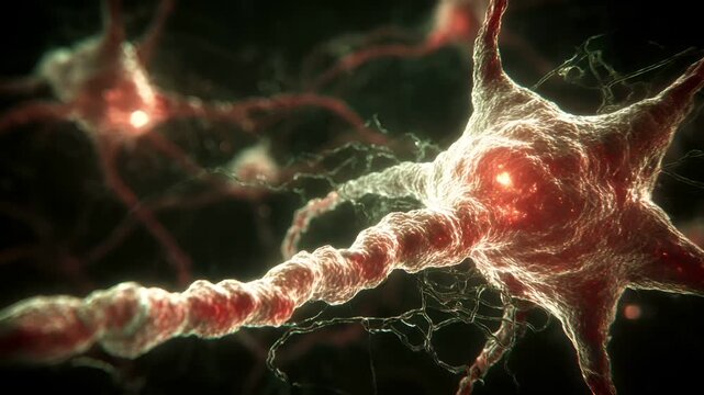Artificial intelligence. Neuron network. A detailed, closeup of a neuron, rendered in a realistic style. The neuron is intricately detailed.