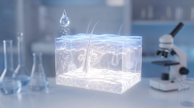 Translucent white neon 3D skin anatomy model with microscopic details and moisture droplet in high tech laboratory research background for skincare