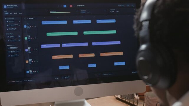 Over shoulder shot of Black male music producer wearing headphones editing track in digital audio workstation while looking at computer screen at home production setup