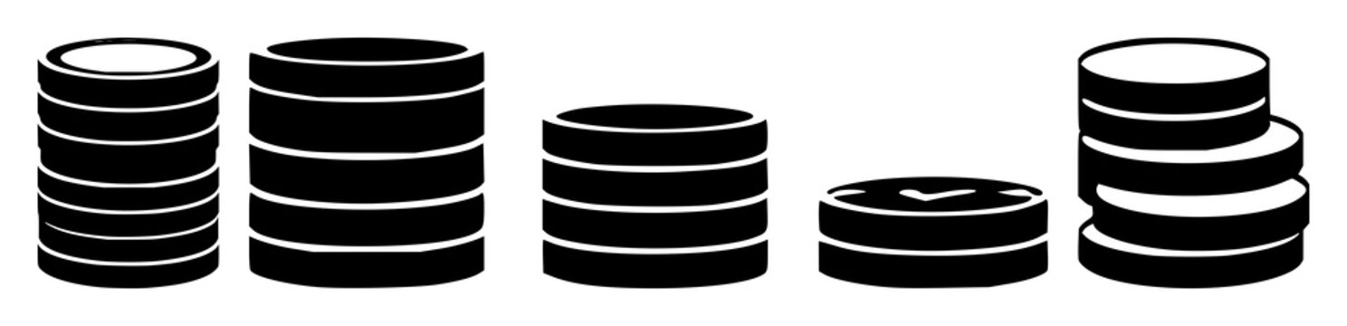 Digital coins stack icon set with solid black icon on white background featuring coins, digital currency, stack with finance and crypto