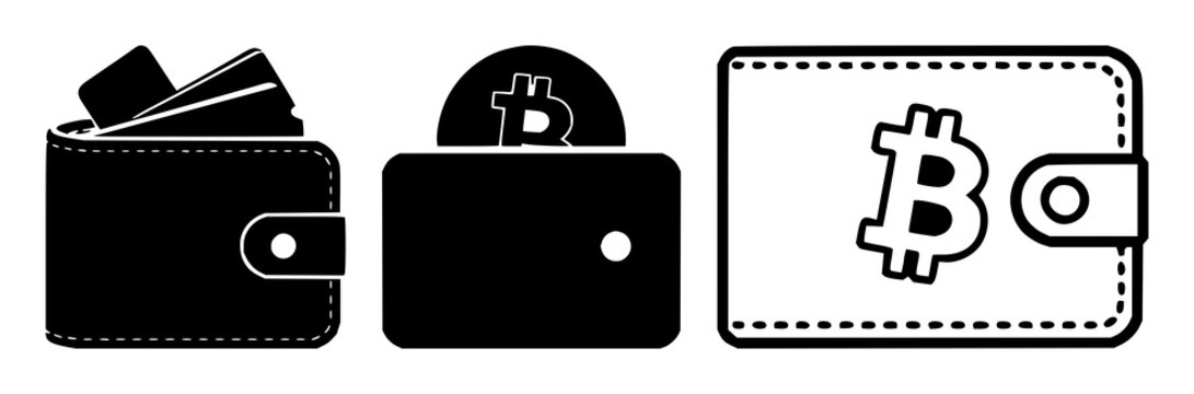 Cryptocurrency wallet set with solid black icon and white background featuring hardware, security, digital currency with finance and fintech