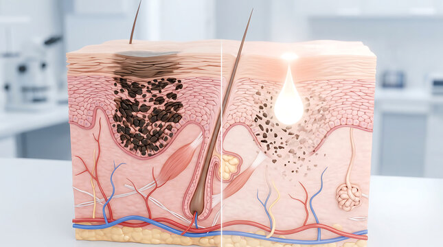 Skin cross section before after comparison chart of hyperpigmentation removal and melanin breakdown for whitening skincare product 3D ad.