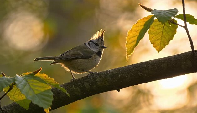 Crested bird songbird wild bird forest at sunrise on autumn branch with yellow leaf in nature wildlife woodland, golden backlight silhouette of tranquil small bird perching as peaceful outdoor habitat