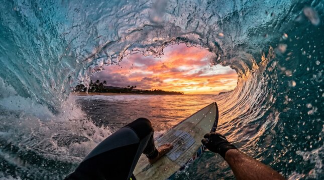 POV of professional surfer riding inside a massive ocean barrel wave at sunset