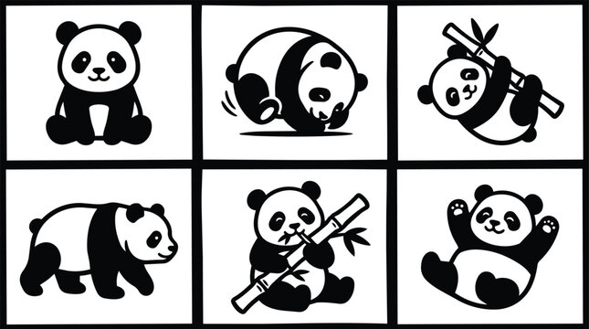 Six panda illustrations arranged in a 2x3 grid in black and white
