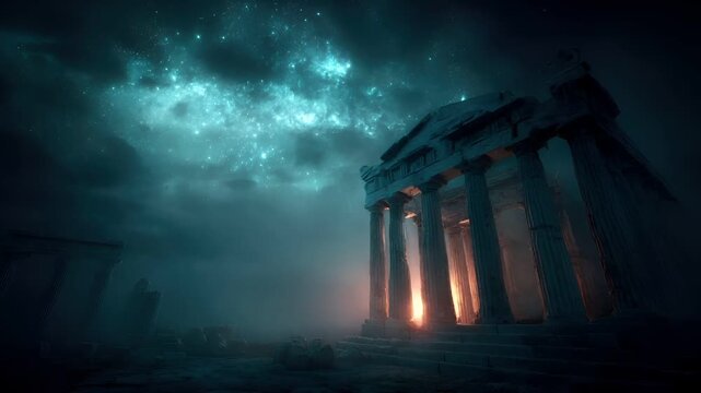 Space universe exploration, fantasy, mysterious. A digital artwork depicts an ancient temple under a cosmic backdrop. The temple, with its columns and pediment, is illuminated by a warm, golden light.