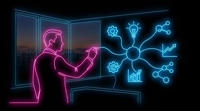 Strategic planner drawing a mind map on a glass wall at night
