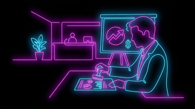 Businessman stamping important documents in neon office