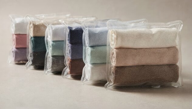 Medium angle view of assorted color underwear multipacks arranged in clear biodegradable packaging emphasizing the compact fold and sustainable material texture.