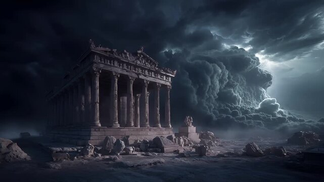 Space universe exploration, fantasy, mysterious. A dramatic portrayal of an ancient temple, set against a stormy sky. The temple is a grand.