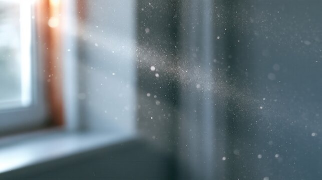 Fine dust particles floating in the air illuminated by sunlight from a window.