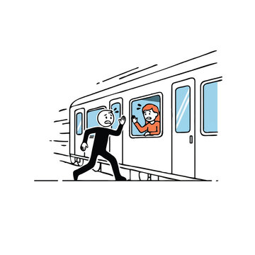 Man Running to Catch a Departing Train with Worried Woman at the Window, Conceptual Illustration for Being Late and Missing Opportunities