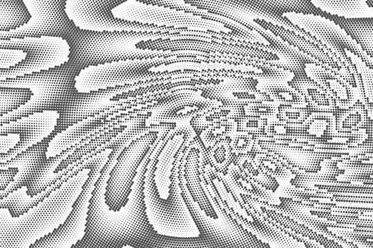 Radial halftone dots. Spotted and dotted stains gradient background. Concentric comic texture with fading effect. Black and white rough gritty wallpaper. Grunge monochrome geometric backdrop. Vector