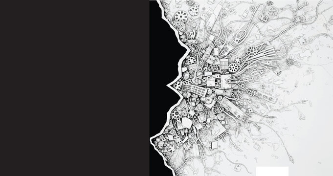 Abstract Steampunk Cityscape: Intricate Mechanical Urban Architectural Sketch