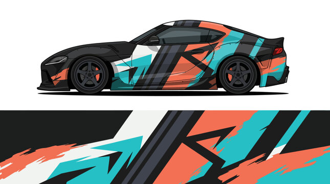 Sport Car with Abstract Colorful Wraps.