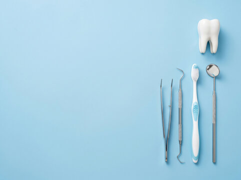 Minimal flat lay of essential dental care instruments and oral hygiene tools arranged neatly on a vibrant light blue background, showcasing dental health concept