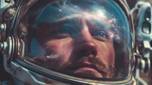 Space universe exploration, fantasy, mysterious. A closeup of a mans face, captured in a side profile. He wears a transparent helmet with a metallic visor, revealing his blue eyes and a beard.