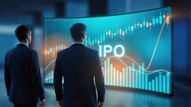 Businessmen silhouettes watching glowing curved IPO display. Corporate professionals analyzing vivid cyan and orange stock market graphs and upward trends