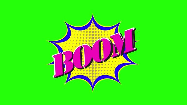 Retro Comic "BOOM!" Pink Pop Art Animated Text Burst 4k stock animation video on a green screen background for chroma key background for video editing.