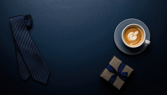Dark blue necktie with striped pattern beside a cup of latte coffee and a small gift box on a dark background