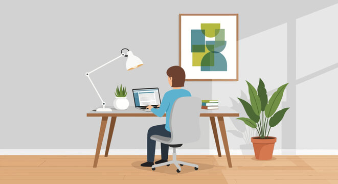 person sitting at desk with laptop and lamp.