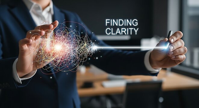 Finding clarity in data. A business analyst's hands transform a chaotic 'scribble' into a straight, clear line on a hologram, representing making sense of data.