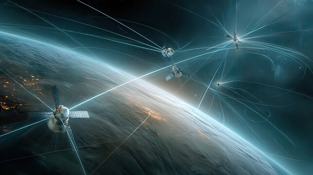 Futuristic Satellite Network in Space Creating Data Connections Around Earth with Glowing Lines and Dynamic Visual Effects