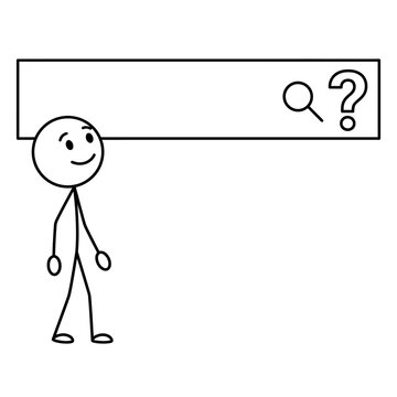 Stick Figure Character Looking at a Search Bar with Question Mark and Magnifying Glass Icons, Minimalist Doodle Illustration for Web Search and Help Concepts