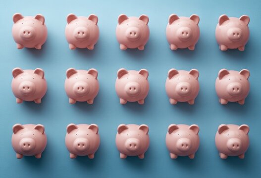 Pink Piggy Banks Grid Pattern on Blue Background