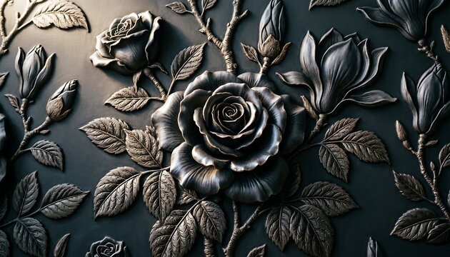​Elegant dark metallic rose and magnolia bas relief wall art carving with intricate floral details