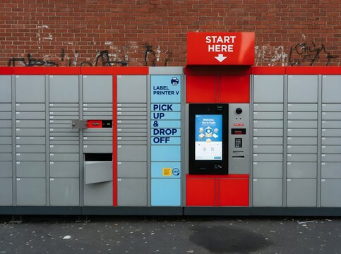 Package delivery locker, automated pickup drop off, red and gray parcel storage unit, secure mail box