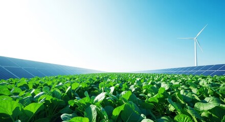 Obraz premium Lush green organic vegetable fields thrive under a bright sun, featuring sustainable solar panels and wind turbines for clean energy farm, diversity, landscape, ecology