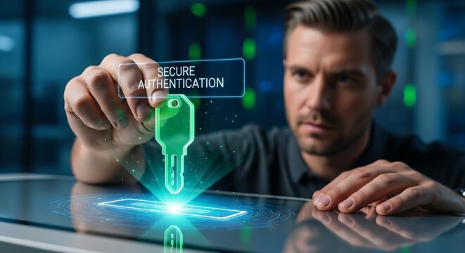 Secure authentication concept. An IT professional's hands insert a holographic 'security key' (USB stick style) into a virtual port, which glows green to confirm authentication.