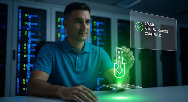 Secure authentication concept. An IT professional's hands insert a holographic 'security key' (USB stick style) into a virtual port, which glows green to confirm authentication.