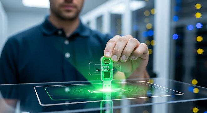 Secure authentication concept. An IT professional's hands insert a holographic 'security key' (USB stick style) into a virtual port, which glows green to confirm authentication.