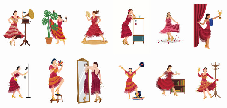 Collection of Retro Flat Illustrations of a Woman in a Red Fringed Dress Dancing and Posing with Various Vintage Props