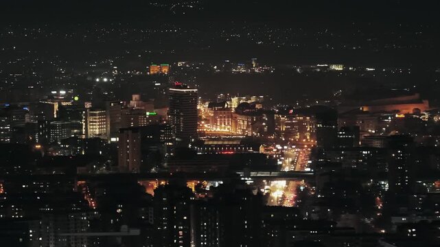 Skopje North Macedonia Downtown Cityscape at Night Panoramic View