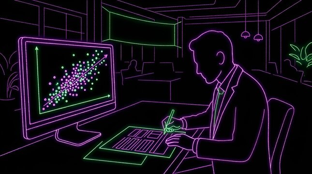 Data scientist analyzing scatter plot on screen in neon style