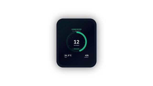 Indoor air quality monitor display showing AQI index temperature and humidity levels for smart home