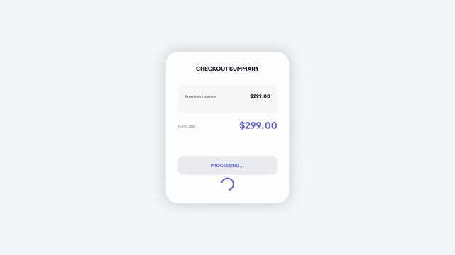 Minimalist software license checkout success page with purple accents and animated payment processing sequence