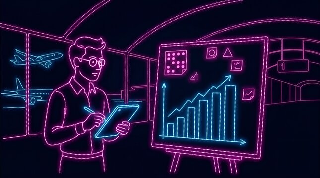 Airport logistics and data tracking neon illustration