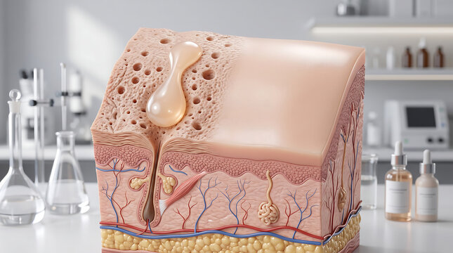 Skin anatomy block model showing enlarged pore, sebum blockage and sebaceous gland in laboratory background for acne treatment cosmetic ad.