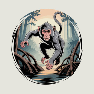 Monkey jumping over water obstacle.